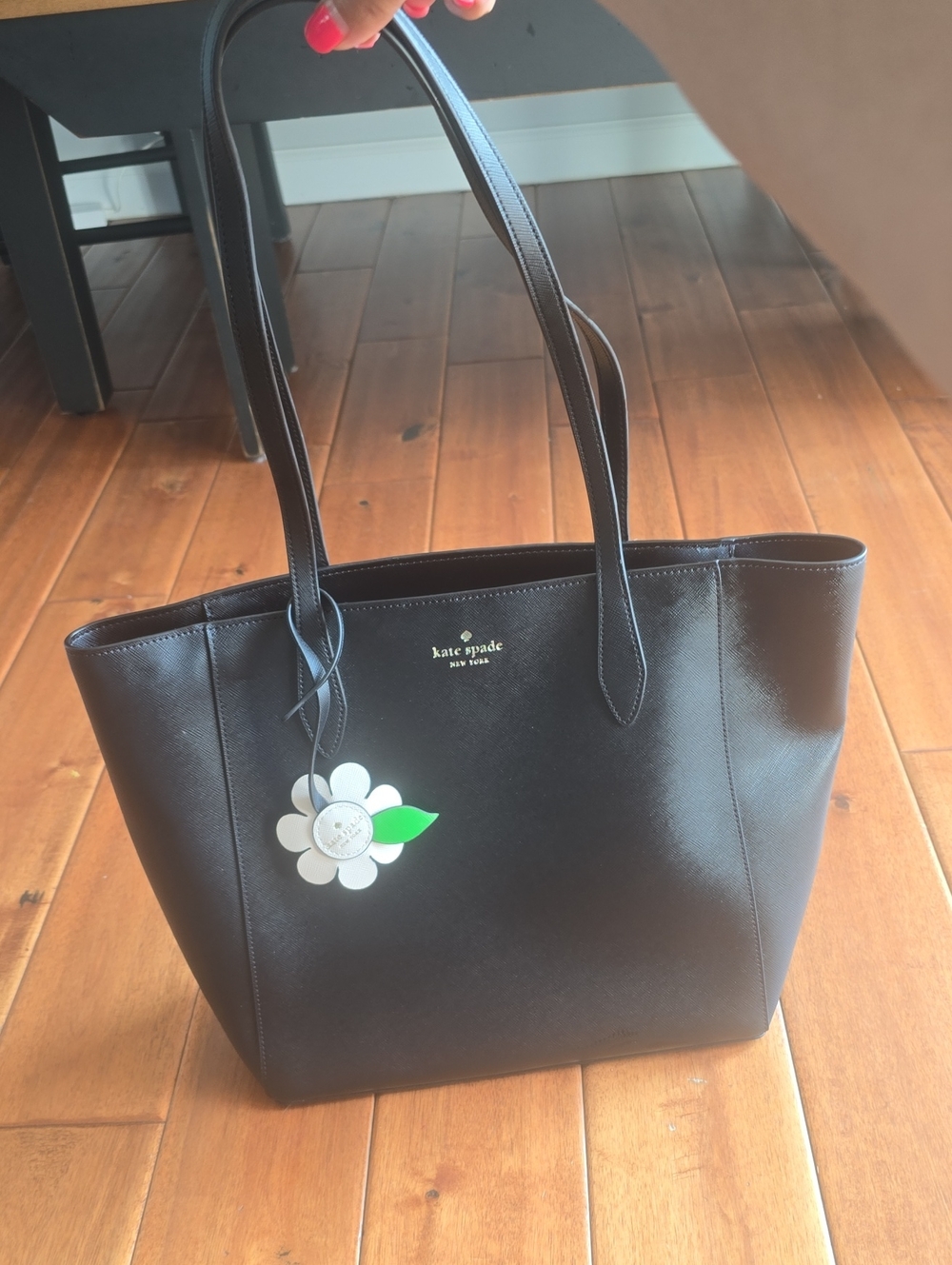 kate spade Black Leather Tote with White Flower Charm